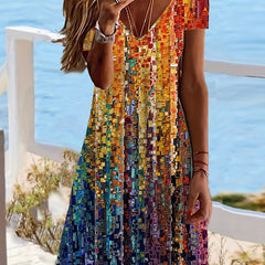 Boho V Neck Short Sleeve Dress Women's Clothing