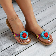 Women's Floral Flat Sandals Slip On Open Toe Linen Sole Home Non slip Slides