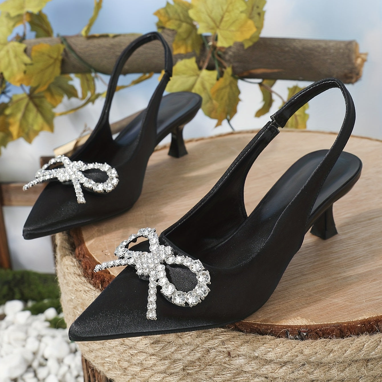 Rhinestone Bowknot Kitten Heels Slingback Dress Pumps