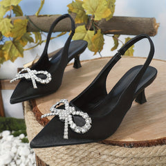 Rhinestone Bowknot Kitten Heels Slingback Dress Pumps
