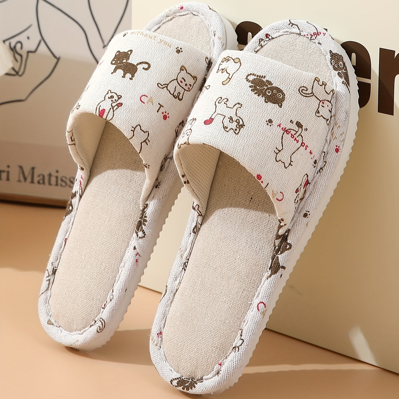Cat Print Flat Slippers Open Toe Lightweight Casual Slides Shoes