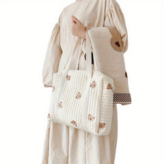 Bear Baby Stroller Bag Beige Cotton Zipper Diaper Handbag