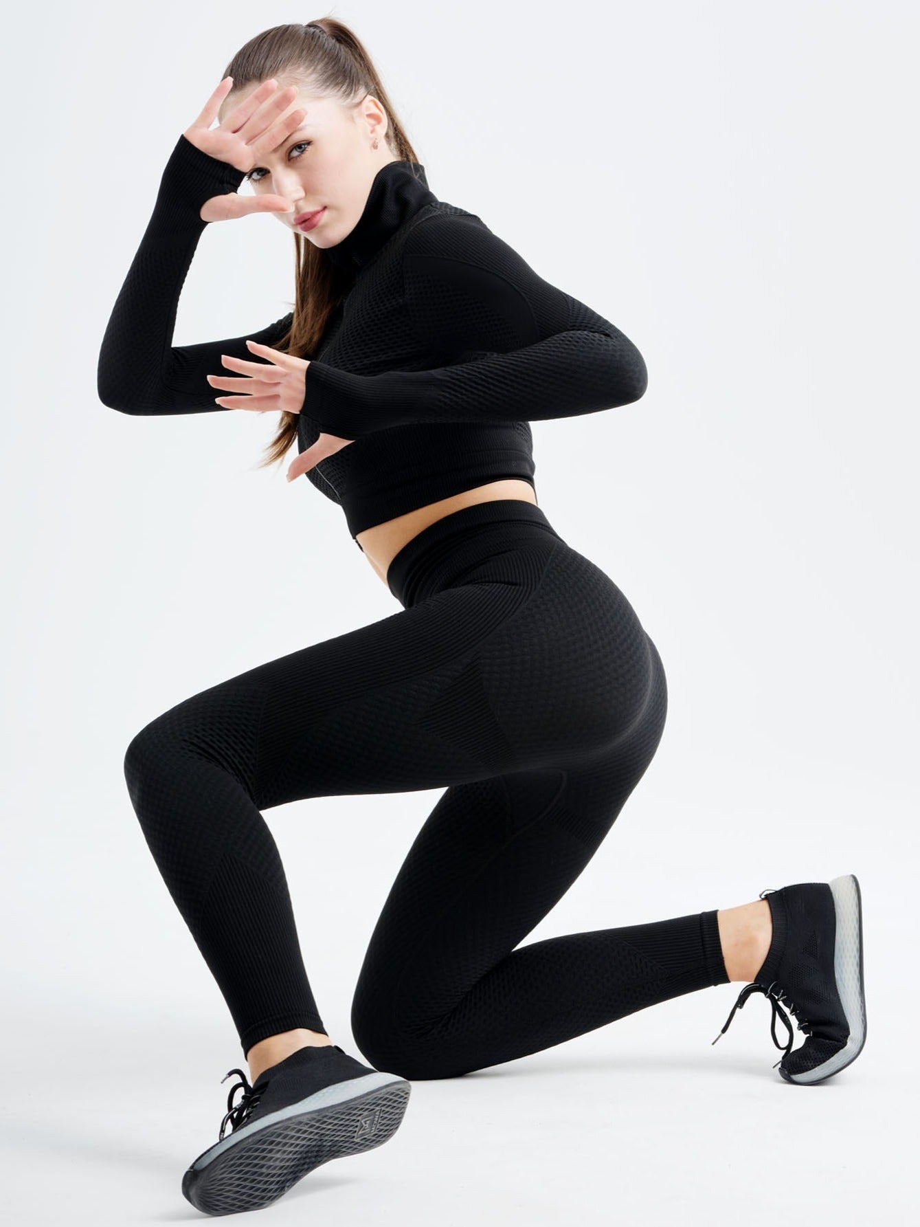 Women Workout Set Seamless Yoga High Neck Jacket & Leggings