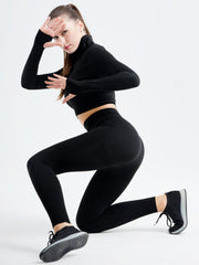 Women Workout Set Seamless Yoga High Neck Jacket & Leggings