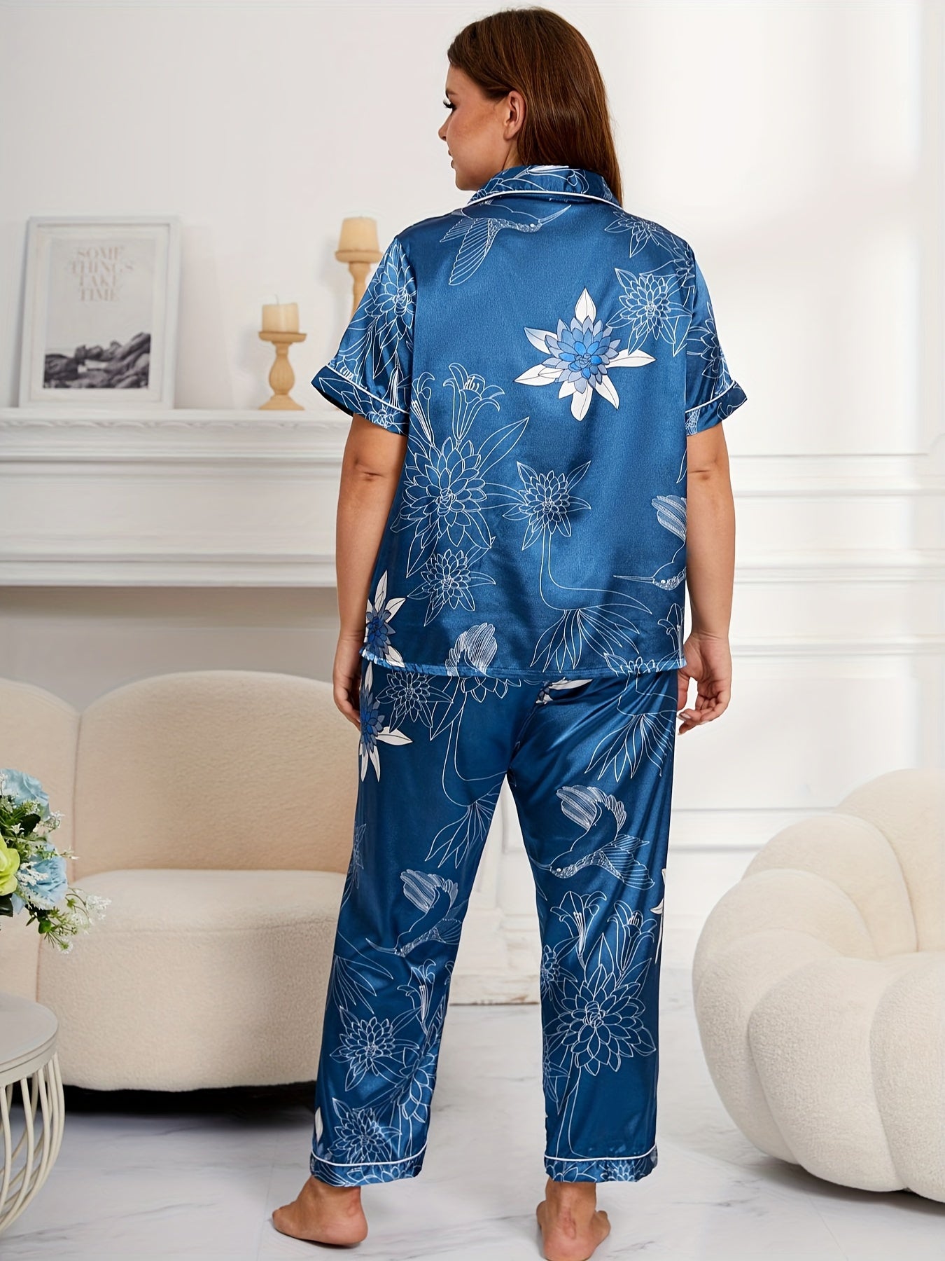 Floral Print Satin Plus Size Pajamas Set Short Sleeve Button Up Shirt & Pants