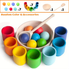 Wooden Rainbow Ball and Cup Sorting Game for Ages 3