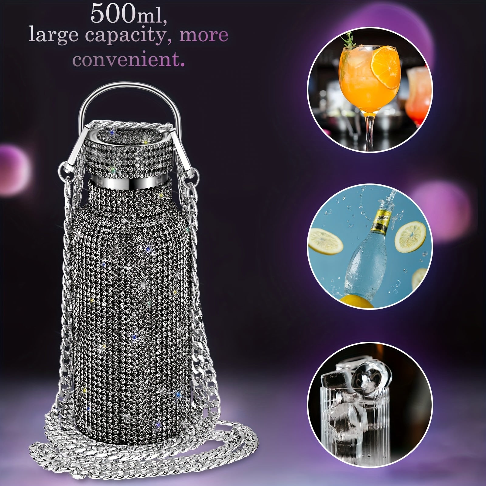 Rhinestone Stainless Steel Water Bottle with Chain