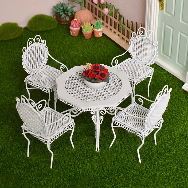 Dollhouse 1:12 Outdoor Garden Furniture Octagonal Iron Table and Chair Set
