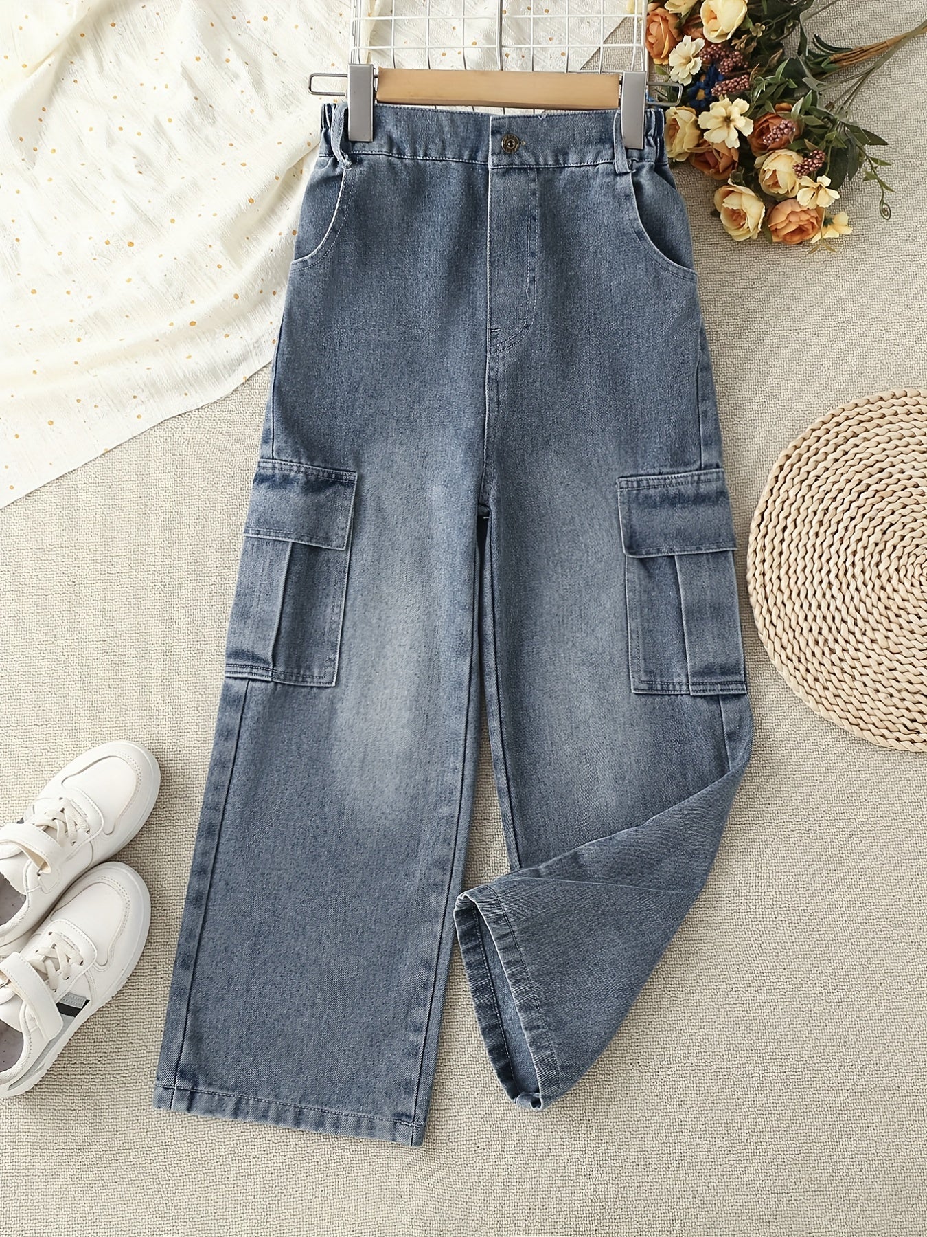 Girls Casual Baggy Fit Cargo Jeans Wide Leg Denim Pants