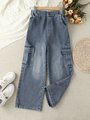 Girls Casual Baggy Fit Cargo Jeans Wide Leg Denim Pants