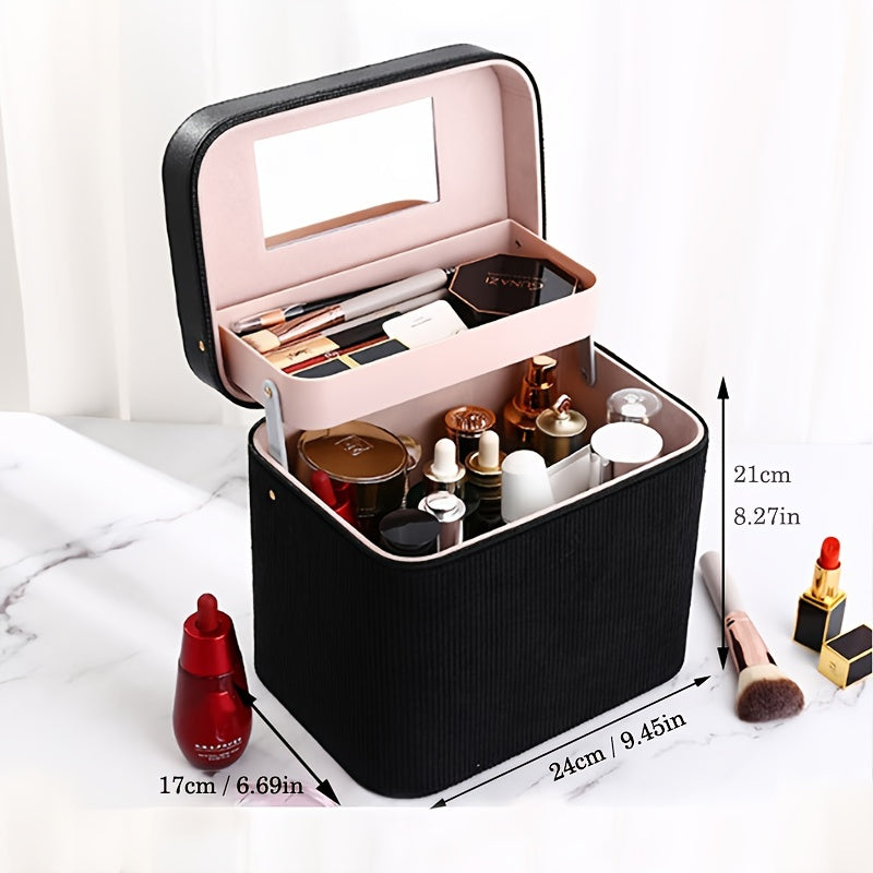 Corduroy Makeup Organizer With Foldable Tray & Handle