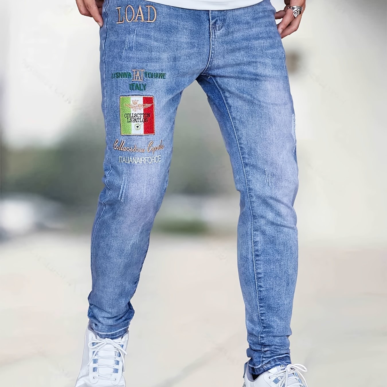 Embroidery Slim Fit Ripped Jeans Men's Casual Street Style Denim Pant
