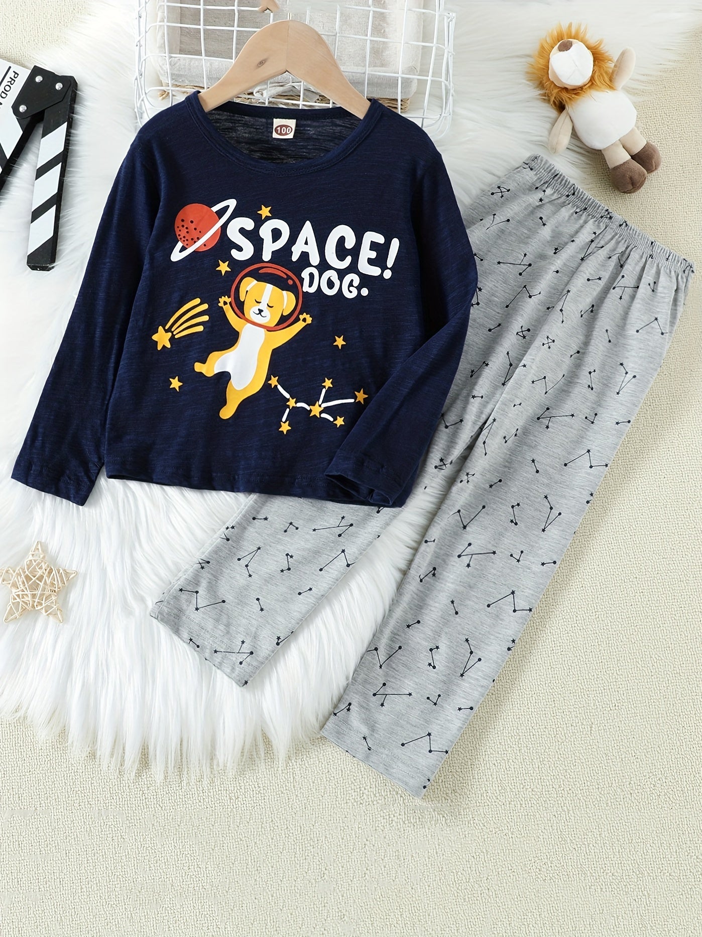 Kids 2pcs Space Dog Pajamas Set Cotton Long Sleeve Top & Pants
