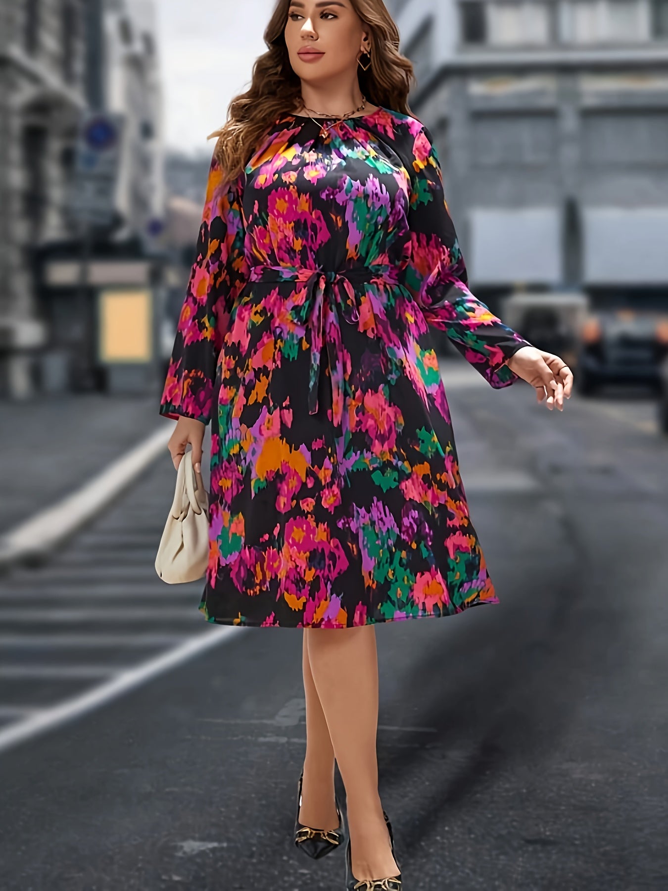 Boho Dress Women's Plus Tie Dye Long Sleeve Round Neck Midi Dress