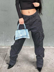 Dark Gray Cargo Pants Relaxed Fit Straight Leg Jeans Y2K Vintage Style