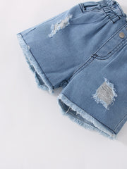 Girls Ripped Denim Shorts with Elastic Waist for Spring/Summer