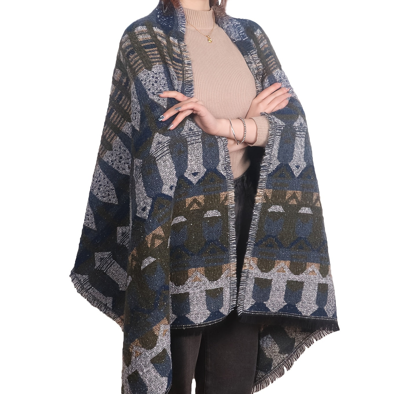 Vintage Geometric Print Thickened Scarf Bohemian Shawl Frayed Edge Cape