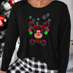Plus Size Christmas Lounge Top Snowflake & Plaid Elk Print Long Sleeve Tee