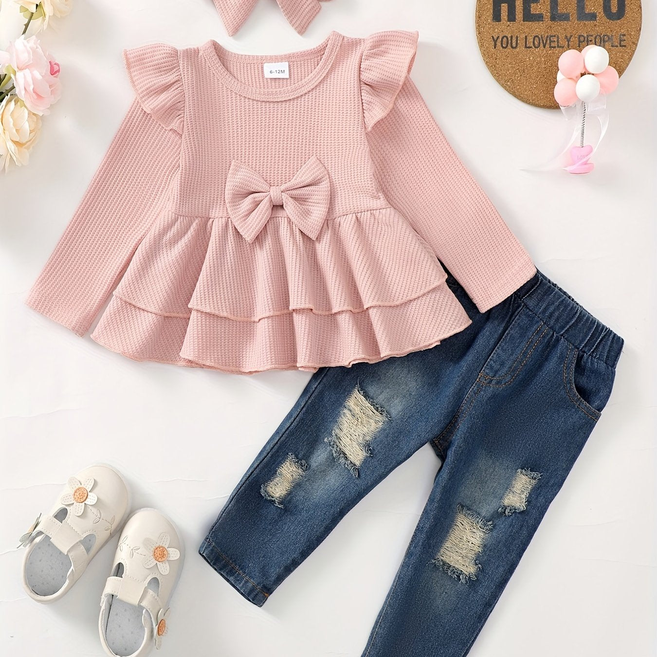 2pcs Girls Regular Sleeve Top & Denim Pants For Kids Clothes