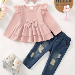 2pcs Girls Regular Sleeve Top & Denim Pants For Kids Clothes