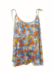 Casual Cami Top Random Print Round Neck Tie Shoulder