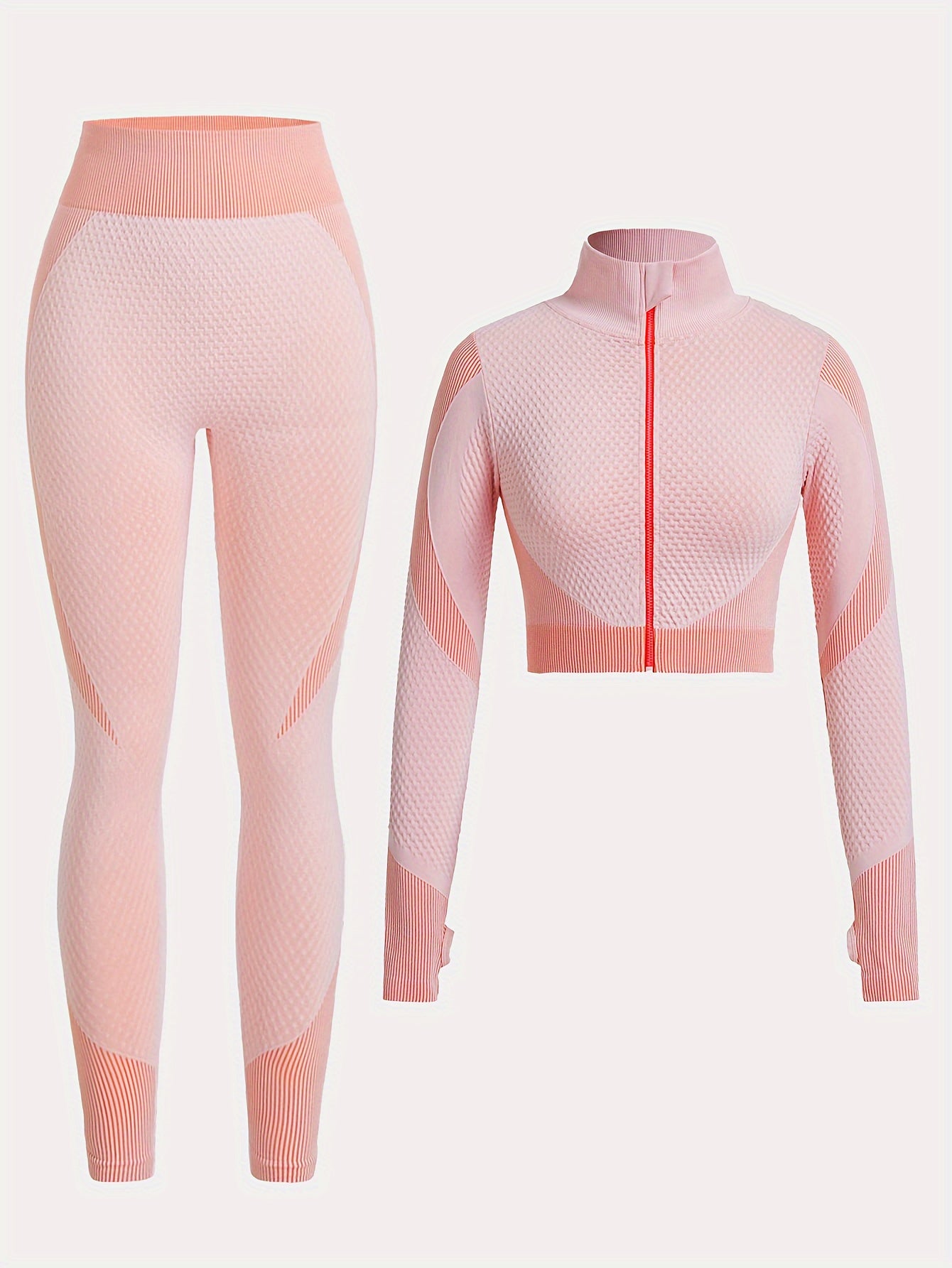 2pcs Yoga Workout Set Long Sleeve Zip Up Sports Tops & Leggings Suit
