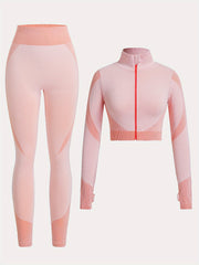 2pcs Yoga Workout Set Long Sleeve Zip Up Sports Tops & Leggings Suit