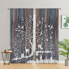 Elk & Wood Plank Trees Pattern Curtains Rod Pocket Semi Blackout Window Curtains