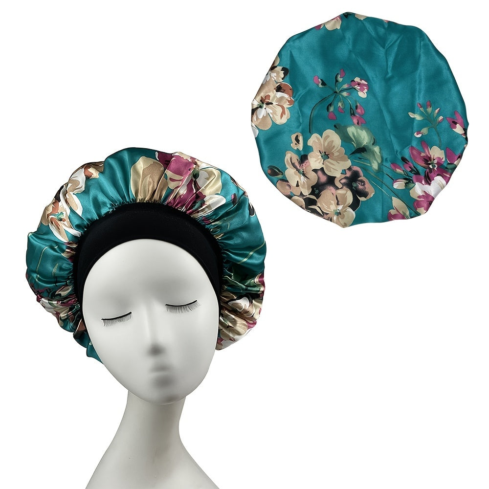 Flower Print Wide Brim Bonnet Satin Cap For Women