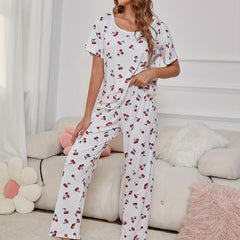 Cherry Print Pajama Set Short Sleeve Top & Pants