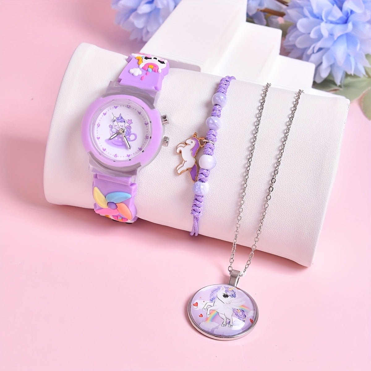 3Pcs Set 3D Silicone Strap Teacup Pony Girls' Quartz Watch