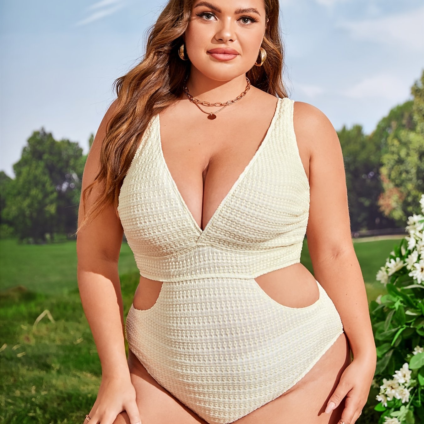 Solid Textured Cut Out V Neck One Piece Swimsuit