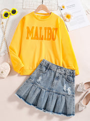 Girl's 2pcs Sweatshirt & Denim Skirt Set Letter Print Kid's Clothes