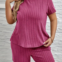 Ribbed Knit Lounge Set Short Sleeve Top & Shorts Pajama