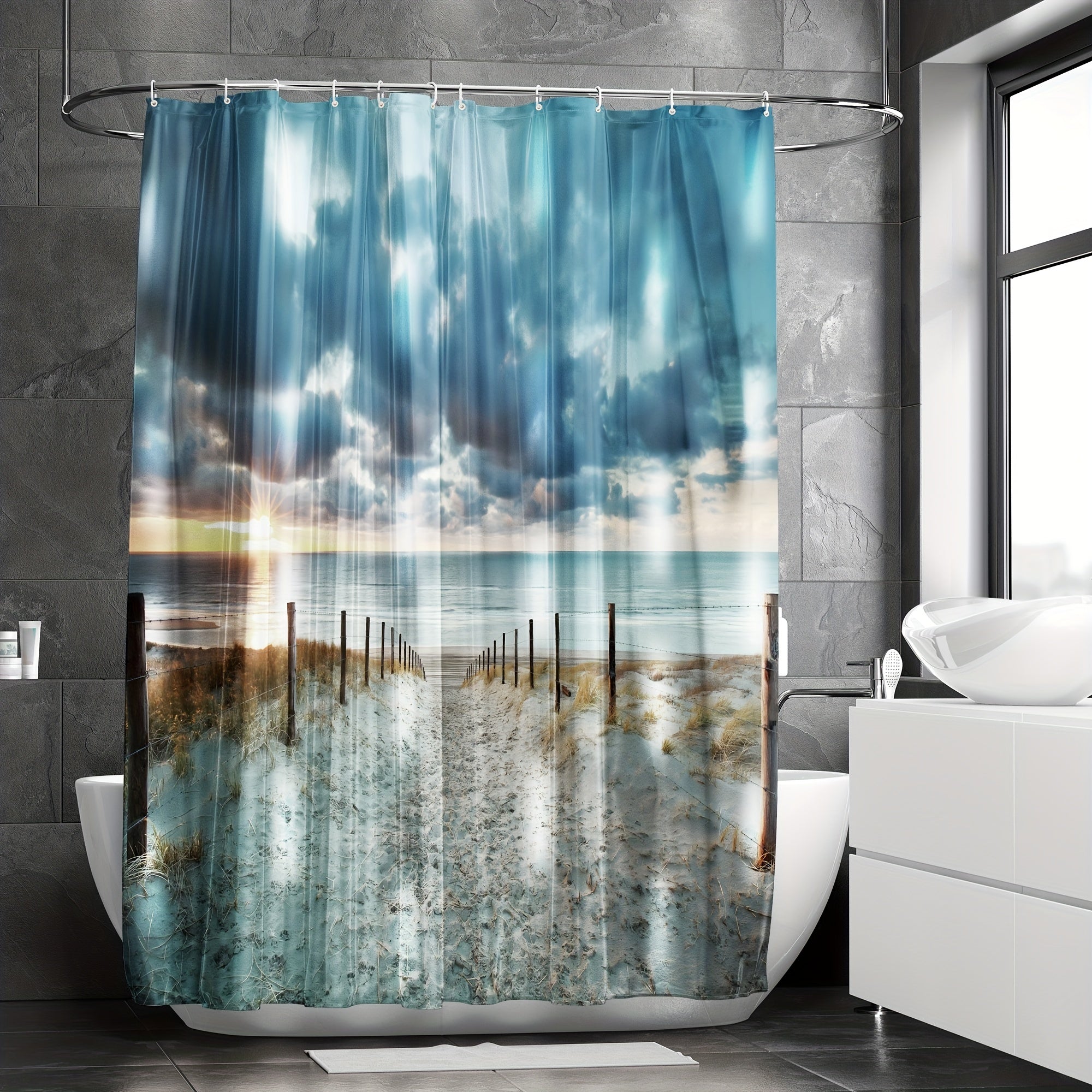 Extra Long Ocean Beach Shower Curtain with 12pcs Hooks