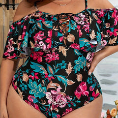 Sexy Swimsuit Floral Print Cold Shoulder Ruffle One Piece Bathing Suit