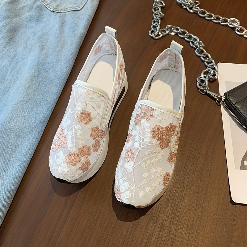 Floral Embroidered Sneakers Mesh Platform Shoes Inner Wedge Heel