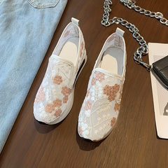 Floral Embroidered Sneakers Mesh Platform Shoes Inner Wedge Heel