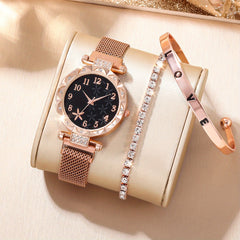 Kids Flower Rhinestone Watch & Heart Jewelry Set