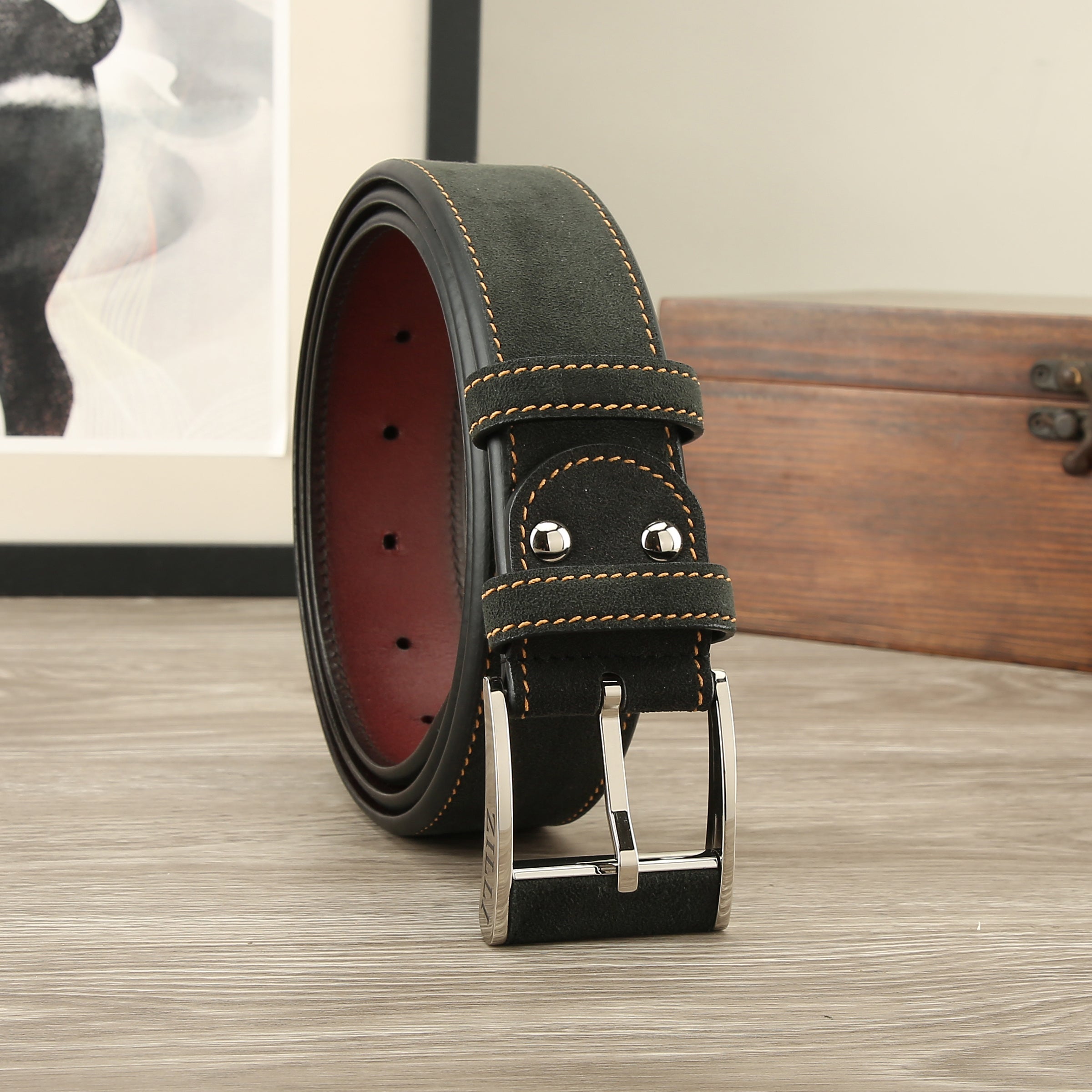 Men's Leather Suede Fabric Belt Pin Buckle 1.5in Wide