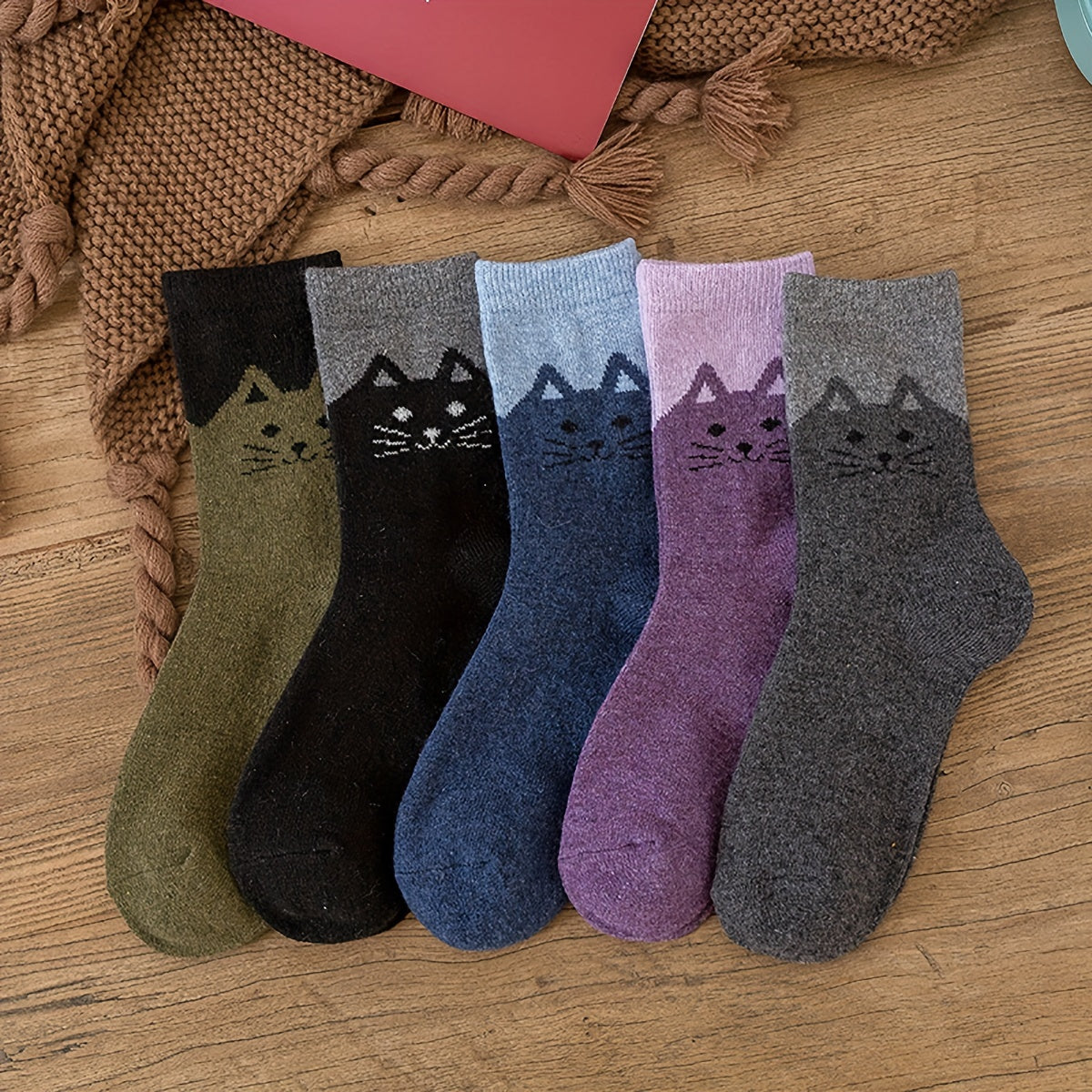 5 Pairs Cat Print Socks Warm & Comfy Women's Mid Tube Stockings