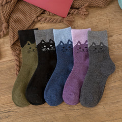 5 Pairs Cat Print Socks Warm & Comfy Women's Mid Tube Stockings