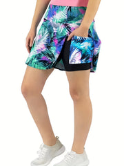 Tropical Print High Waist Sports Skirt With Pockets