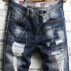 Men's Ripped Splash Print Denim Jeans Vintage Royal Straight Fit Shorts