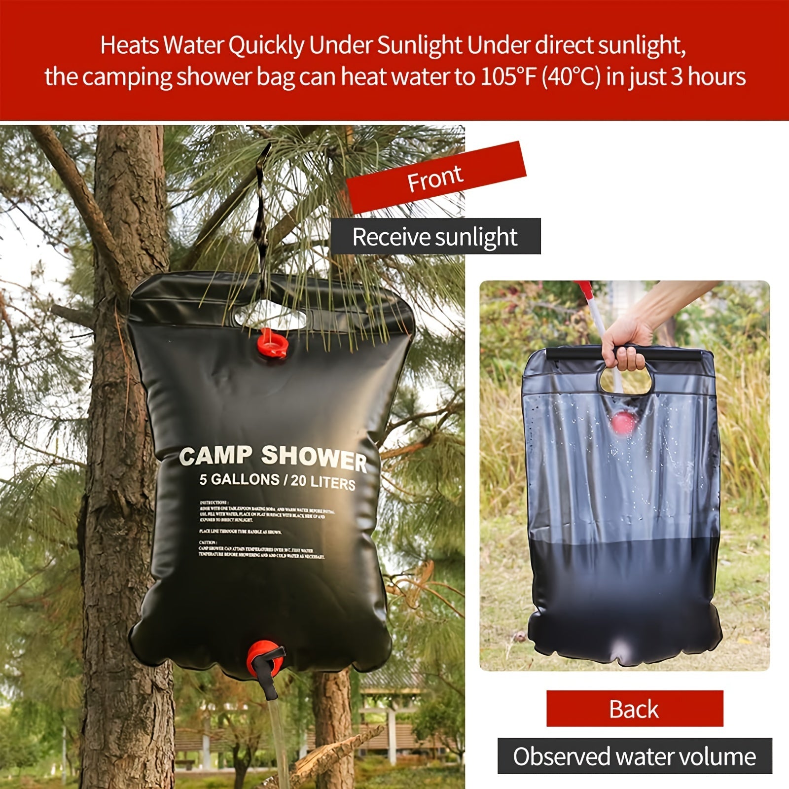 5 Gallon Portable Solar Shower Bag with Removable Hose and On Off Switchable Sho