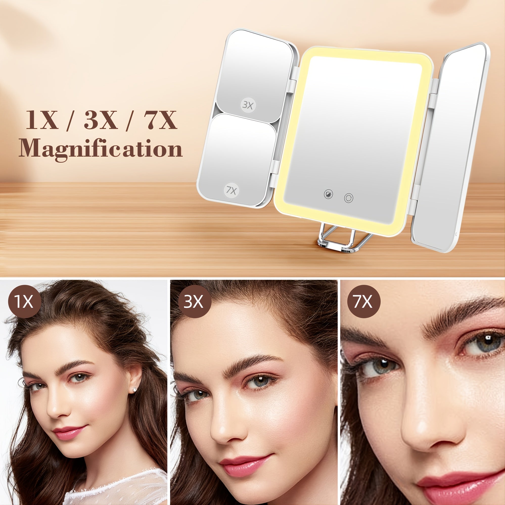 Tri Fold Makeup Mirror Vanity Mirror with 3 LED Lights X1 X3 X7 Magnification