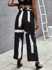 All Over Print Paper Bag Waist Pants Casual Belted Pants