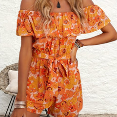 Floral Off Shoulder Jumpsuit Tie Front Romper