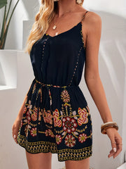 Floral Pattern Backless Romper Casual Spaghetti Strap V Neck