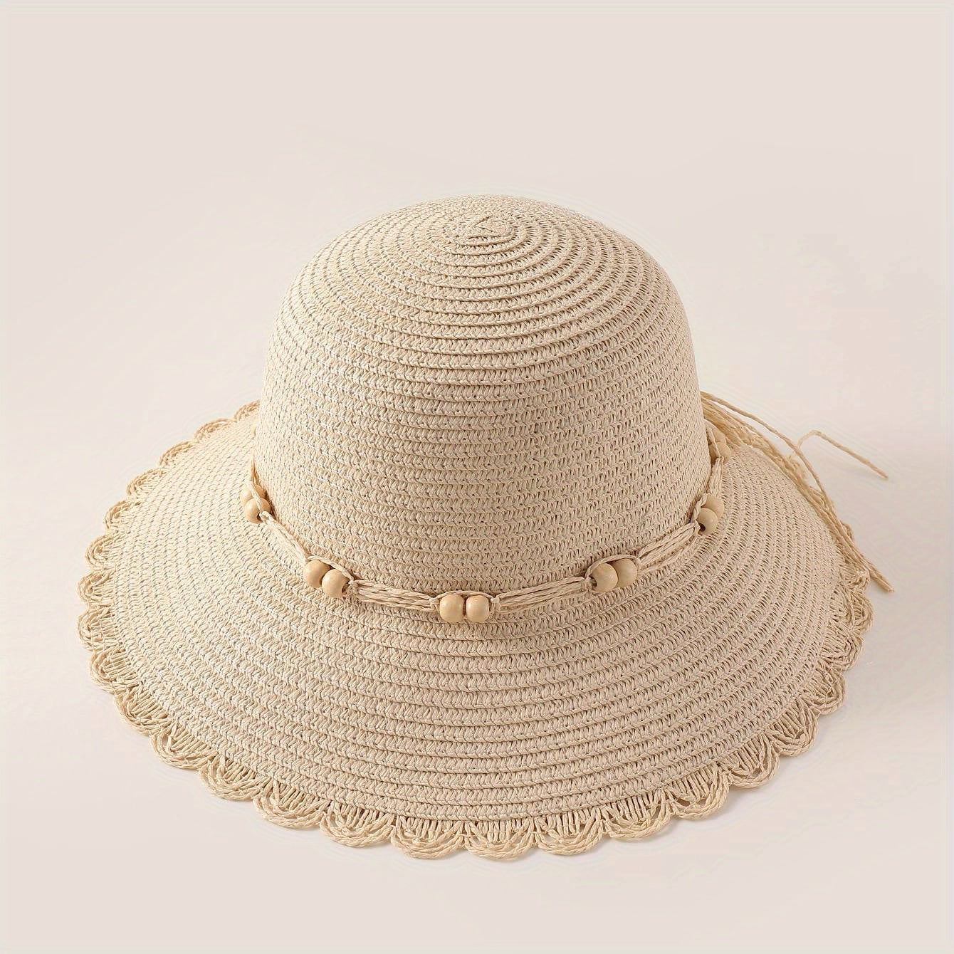 Ruffles Beads Decor Bucket Hat Solid Sun Hat Straw Hat For Women